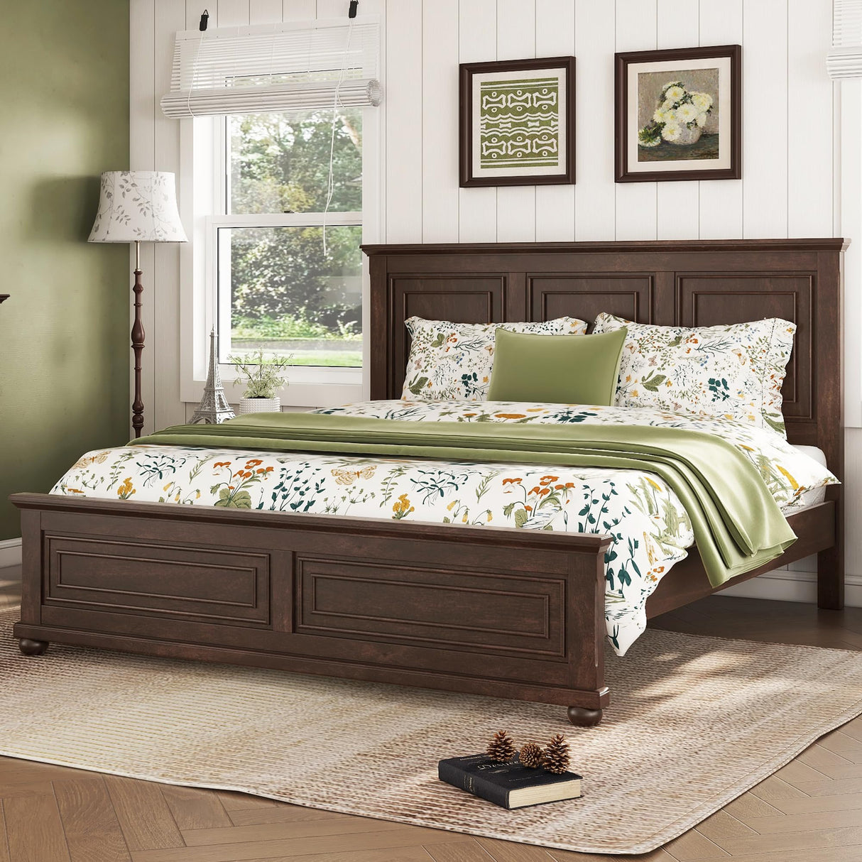 Mirightone Farmhouse King Bed Frame with Tall Headboard, Wood Platform Bed and Footboard, Mid-Centery Rustic King Panel Beds with Slats Support, No Box Spring Needed, Rustic Brown Mirightone