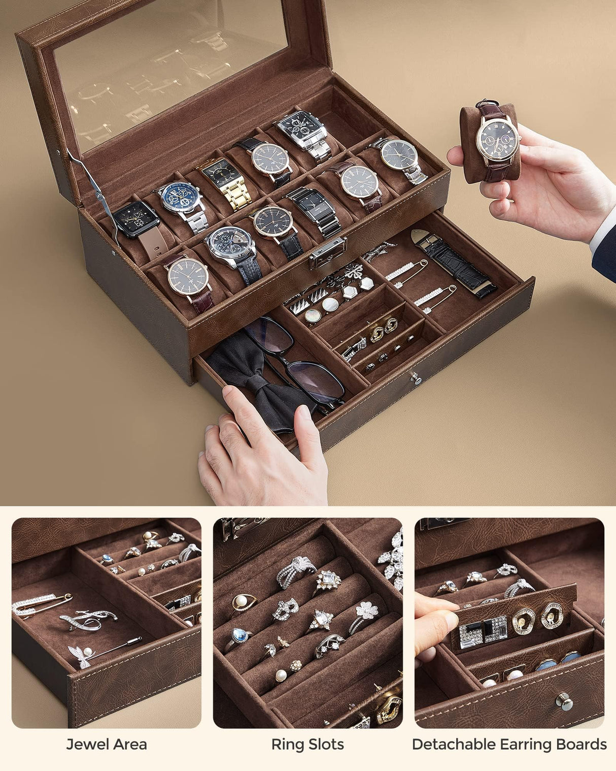 SONGMICS 12-Slot Watch Box, Lockable Watch Case with Glass Lid, 2 Layers, with 1 Drawer for Rings, Bracelets, Gift Idea, Brown Synthetic Leather, Brown Lining UJWB012K01 SONGMICS