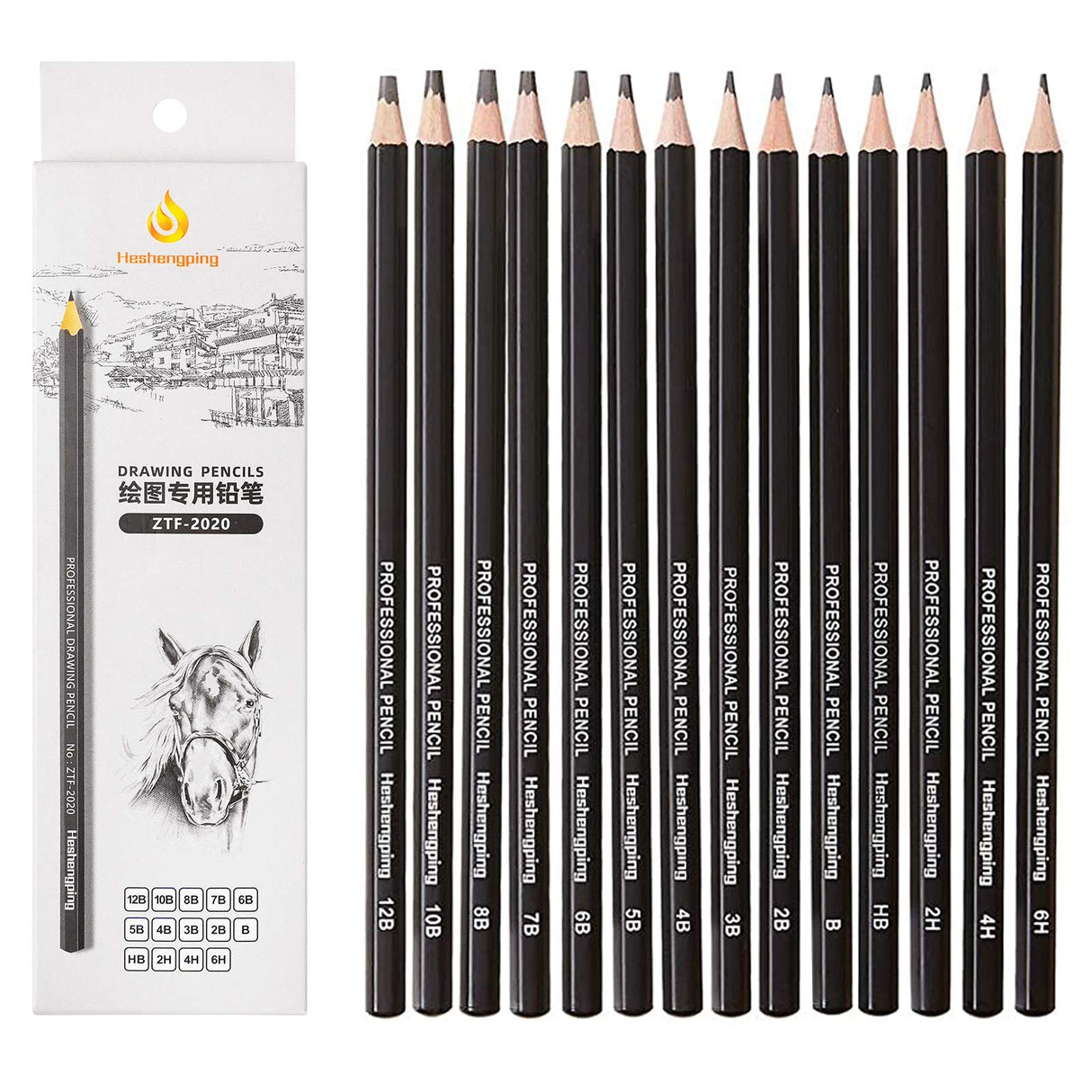 Heshengping Drawing Sketch Pencil Set 14pcs Sketching Pencils 12B 10B 8B 7B 6B 5B 4B 3B 2B B HB 2H 4H 6H Graphite Pencils for Kid Adults Artists Student Beginners Professional Heshengping