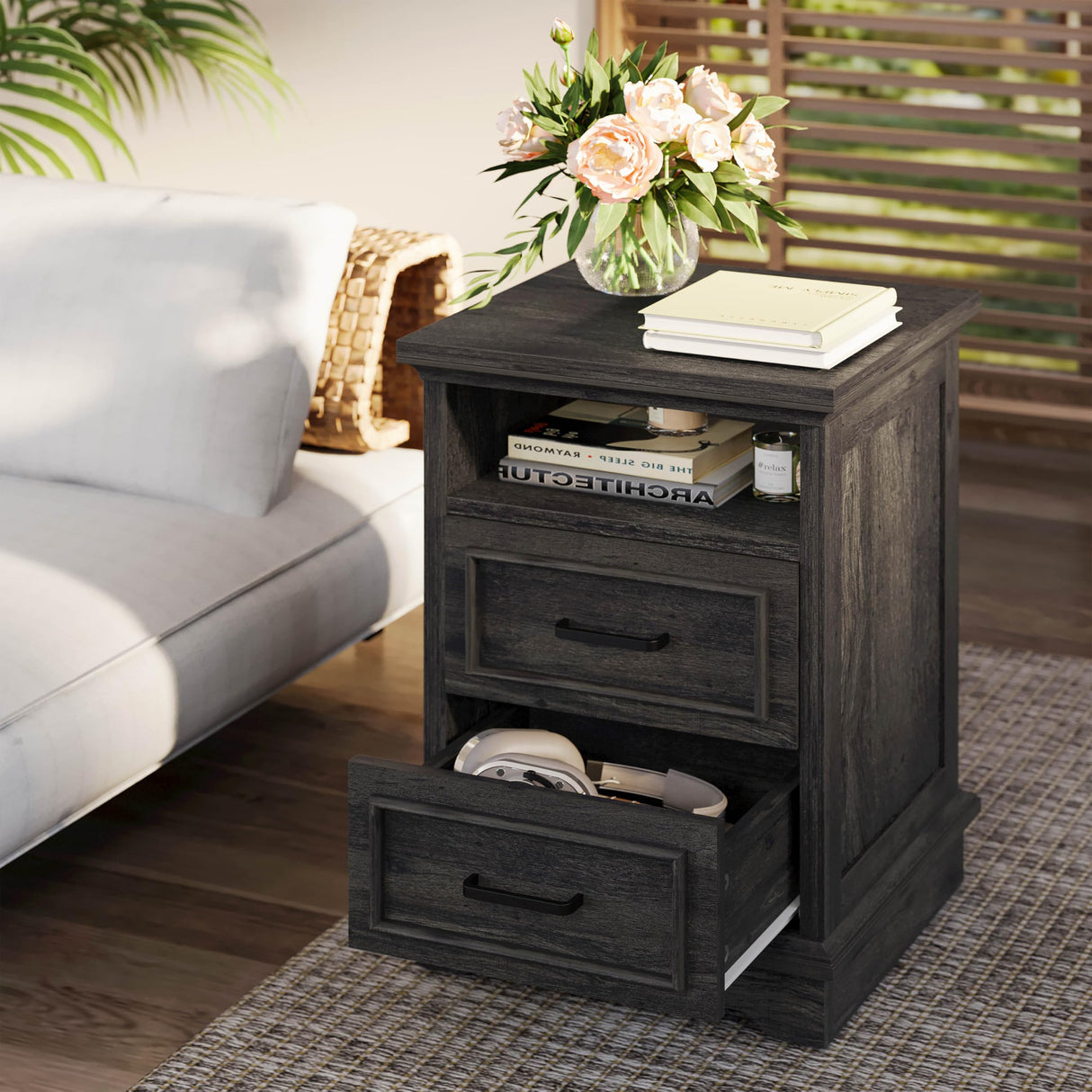LIKIMIO Farmhouse Nightstand with Storage Drawers and Open Shelf, Small End Tables Living Room, Rustic Wood Side Tables for Bedroom, Roman Column Design, Charcoal Grey LIKIMIO