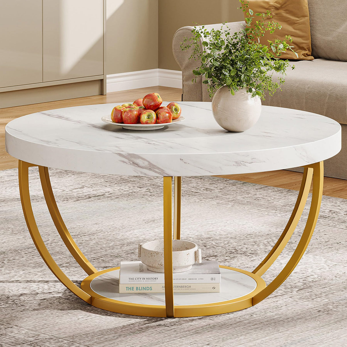 Tribesigns Modern Round Coffee Table, 2 Tier Coffee Table with Faux White Marble and Golden Metal Legs, Circle Center Table Tea Table Accent Furniture for Living Room, White and Gold Tribesigns