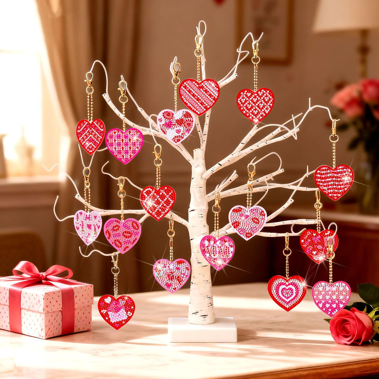 WILLBOND 30 Pcs Double Sided Diamond Art Keychain Ornaments DIY Diamond Painting Keychain Kits for Adults Key Ring Art Pendant Decor (Pink Heart) WILLBOND