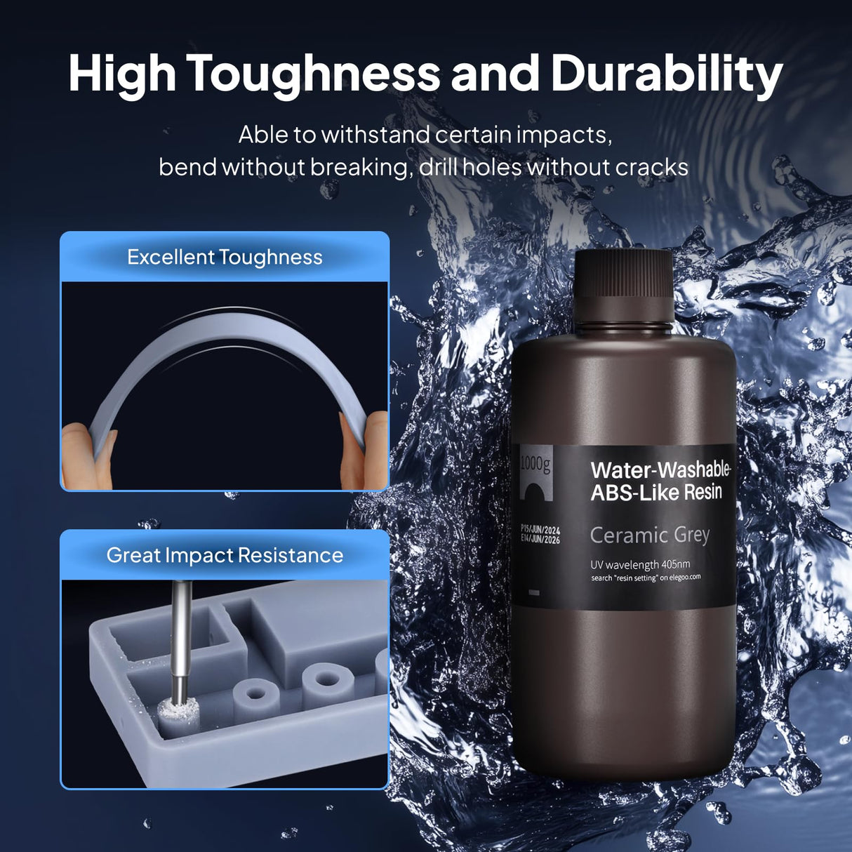 ELEGOO Water Washable ABS-Like 3D Printer Resin Ceramic Grey 1000g, High Performance, Durable, Low Odor, 3D Resin for 405nm MSLA LCD DLP Resin 3D Printers ELEGOO