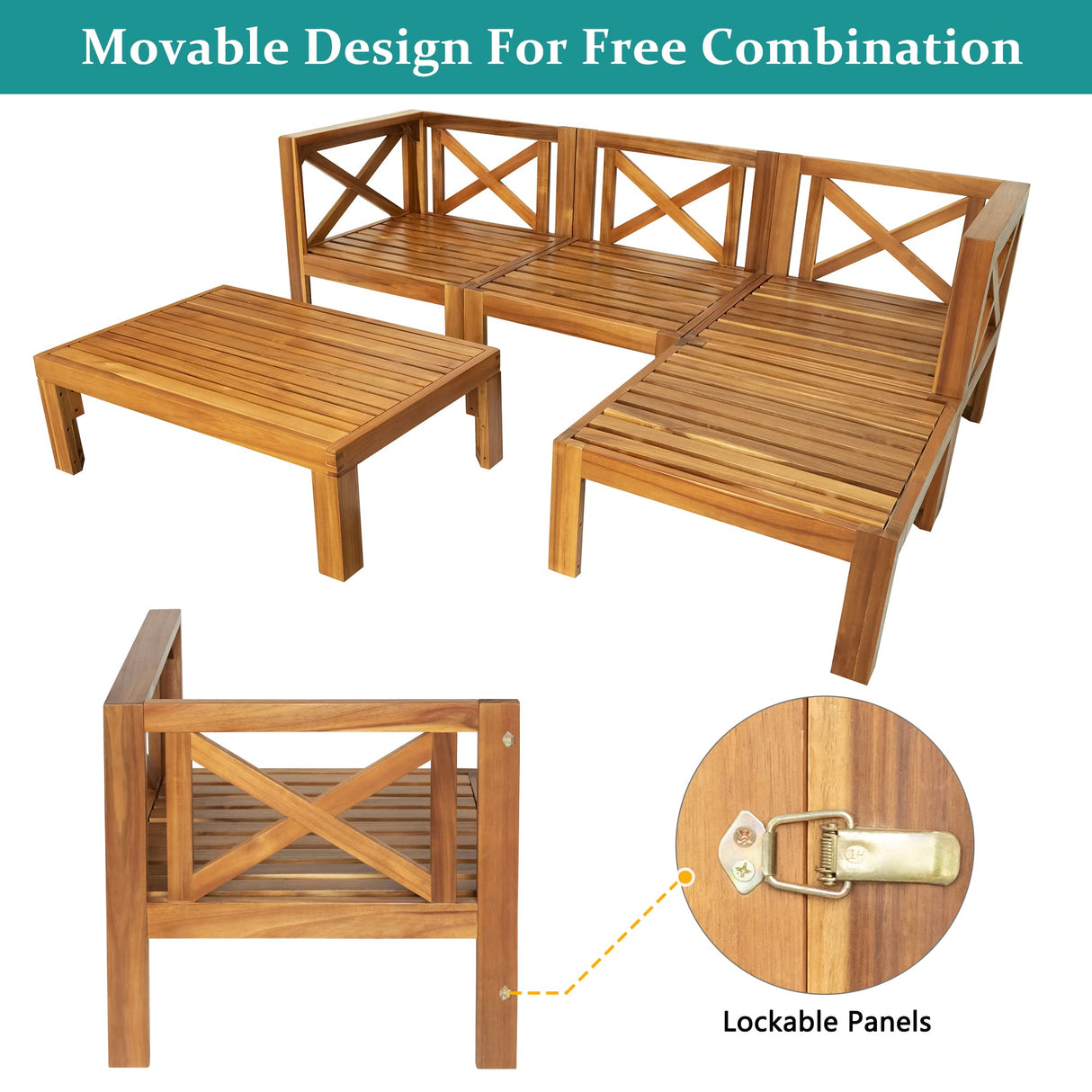 YSWH 5-Piece Patio Acacia Wood Outdoor Furniture Sectional Conversation Sets Sofa Set with Slatted Tabletop Tea Table and X-Back Wood Frame, Removable Cushions YSWH