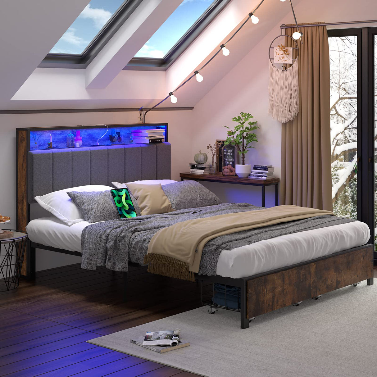 Meitewei Queen Bed Frame with Hidden Storage Headboard and 2 Drawers, LED Bed Frame with Charging Station, Metal Platform Bed Frame, No Box Spring Needed, Vintage Brown Meitewei