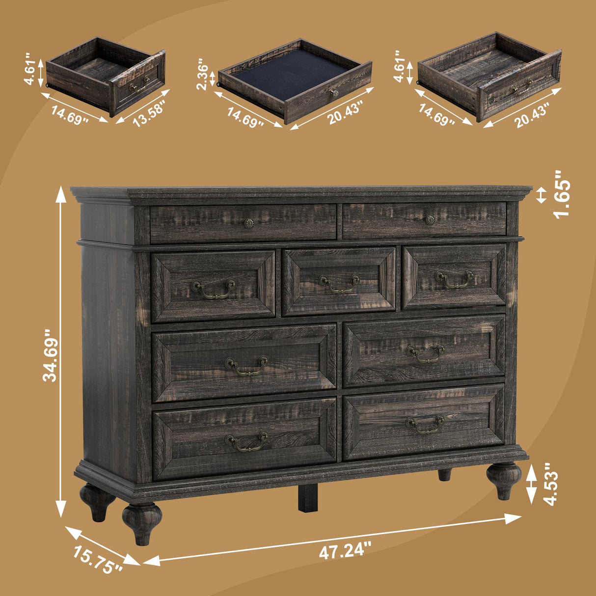 Yechen Farmhouse 9 Drawer Dresser for Bedroom - 47" Wide Modern Chest of Drawers, Rustic Thickened Wooden Dressers, Dressers Organizer for Living Room, Bedroom, Hallway Yechen