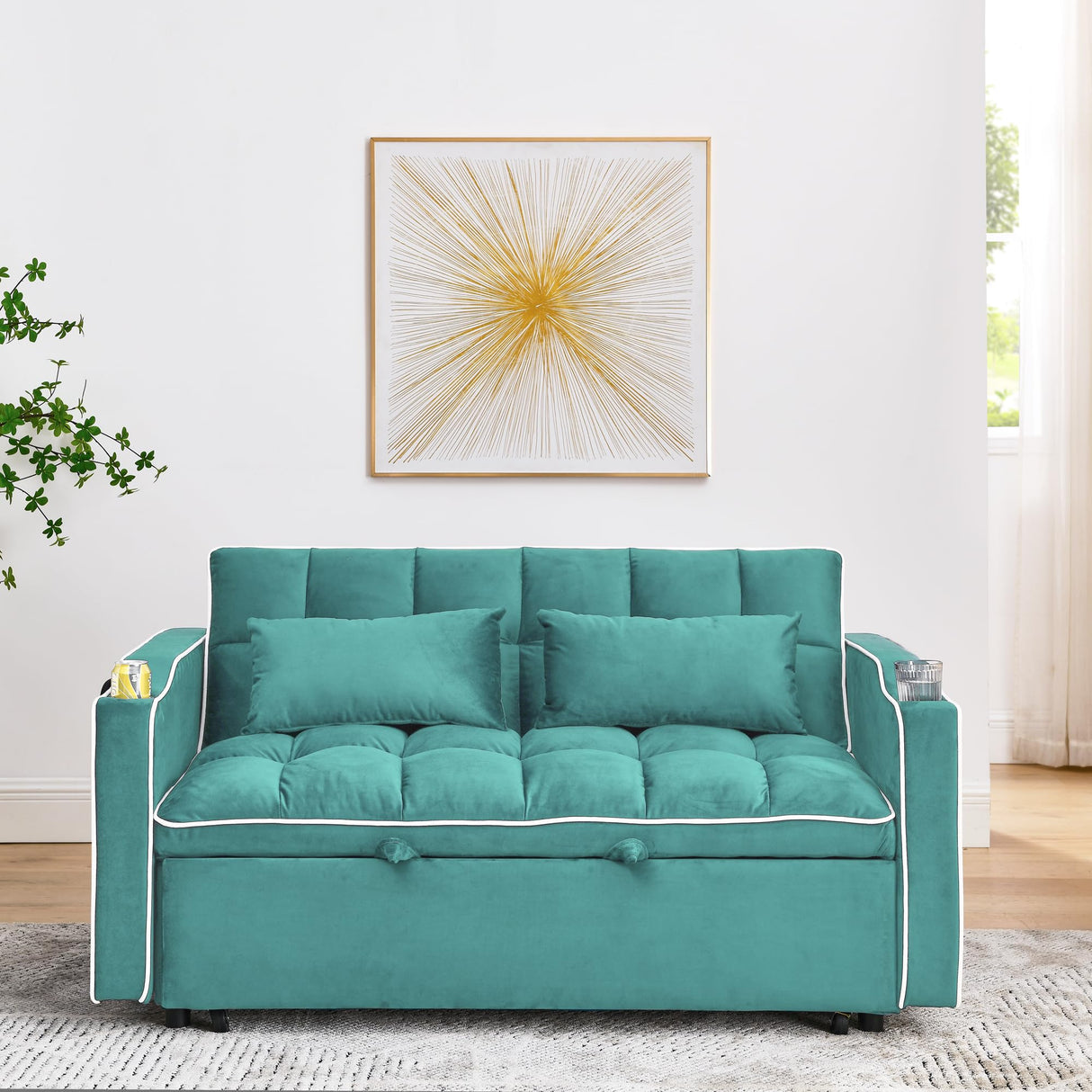 Foldable Sofa Bed with USB Charging Ports, Pull Out Velvet Loveseat Sleeper with Phone Holder, Modern Futon Couch with Cup Holders & Adjustable Backrest for Living Room,Green Merax