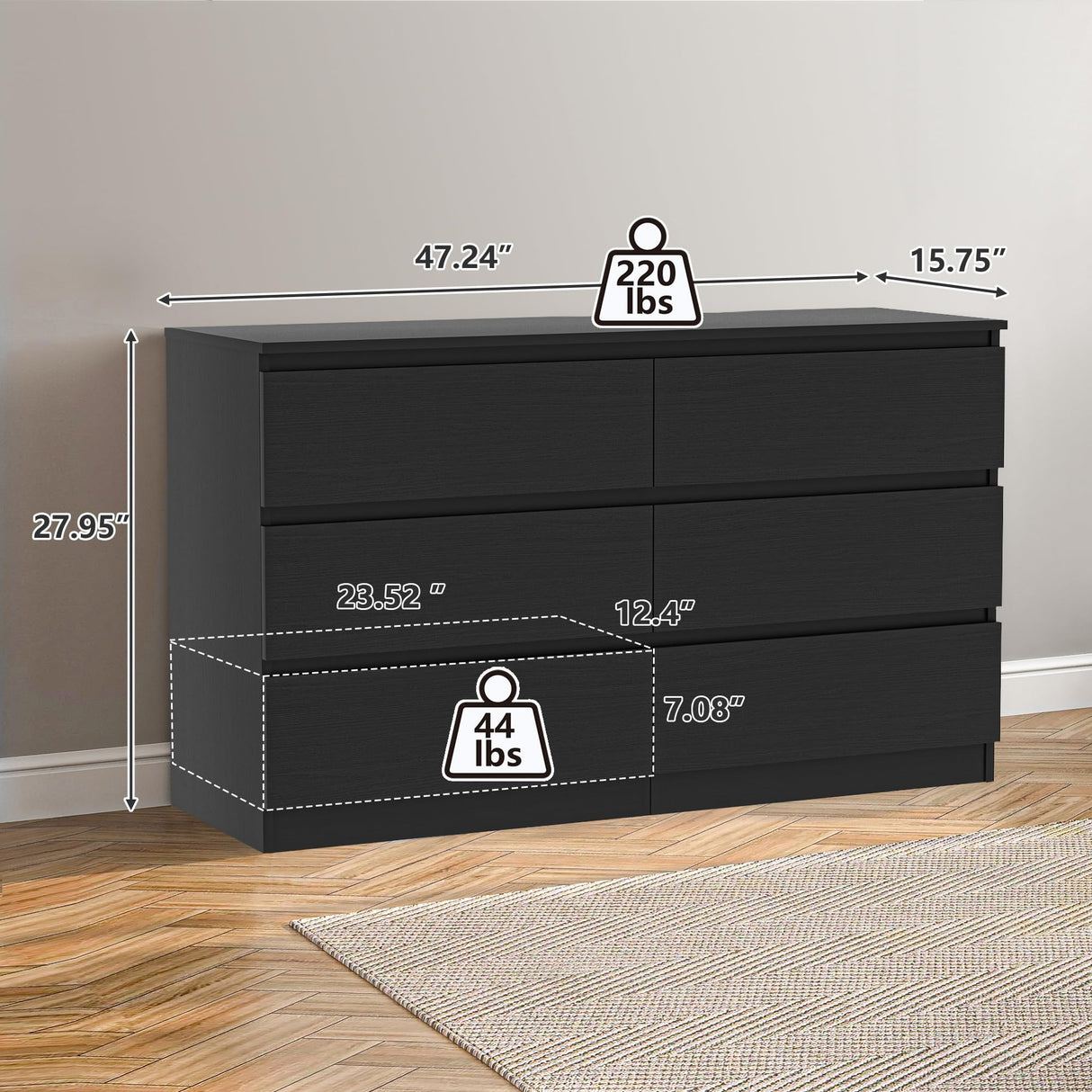 Vibe & Dine 6 Drawer Double Dresser, Modern Chest of Drawers with Wide Storage for Closet, Bedroom, Living Room, Black Vibe & Dine