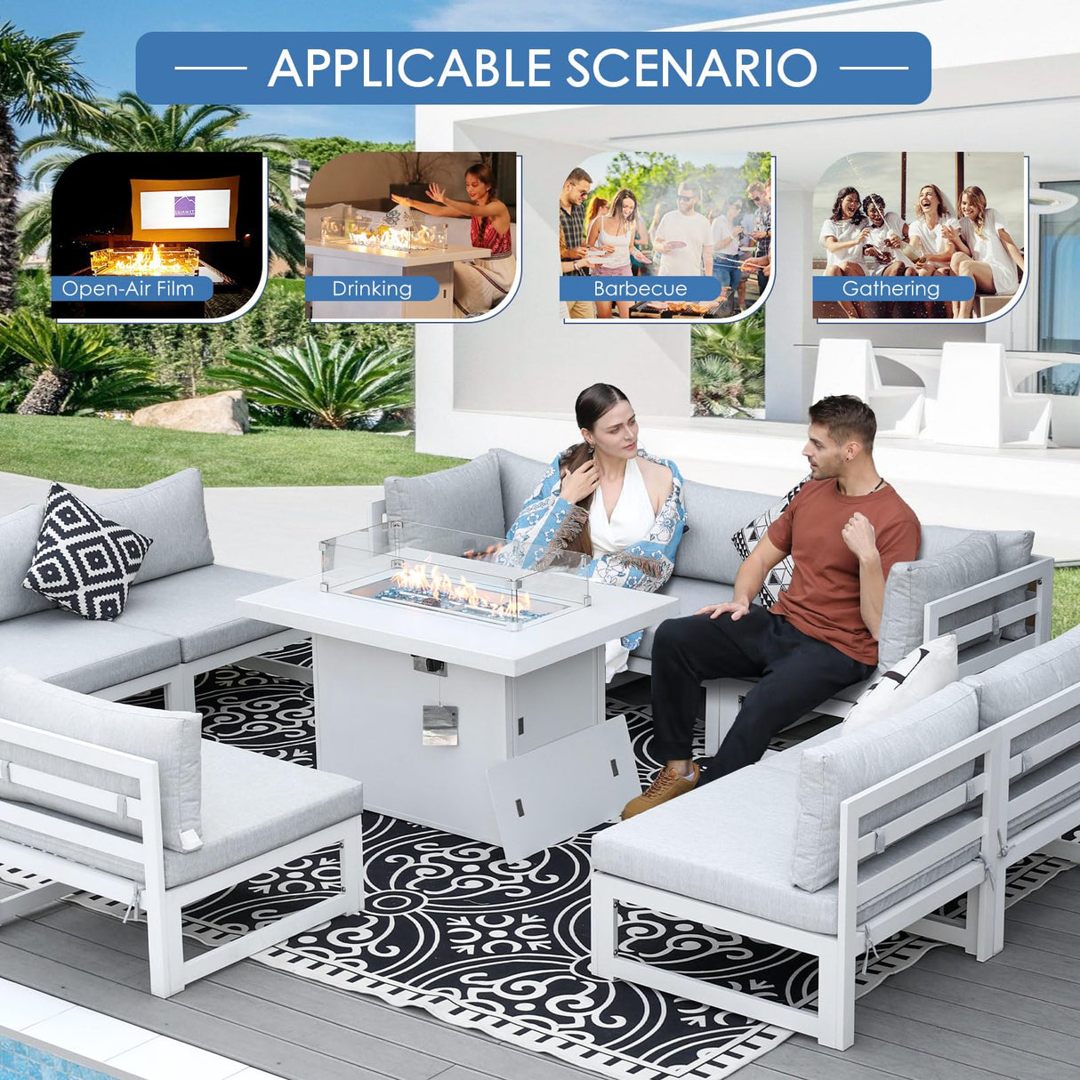 NICESOUL 9 Piece Luxury Aluminum Outdoor Sectional Sofa with Fire Pit Table, Oversized L Shaped Patio Furniture Set, 29" Deep Wide Seating, 500 lbs Heavy Duty Conversation Set for Backyard, Light Grey NICESOUL