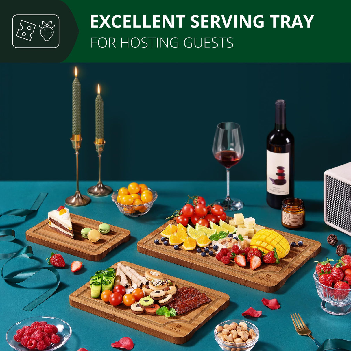 ROYAL CRAFT WOOD Wooden Cutting Boards for Kitchen Meal Prep & Serving - Bamboo Wood Serving Board Set with Deep Juice Groove Side Handles - Charcuterie & Chopping Butcher Block for Meat (3 Pcs) ROYAL CRAFT WOOD