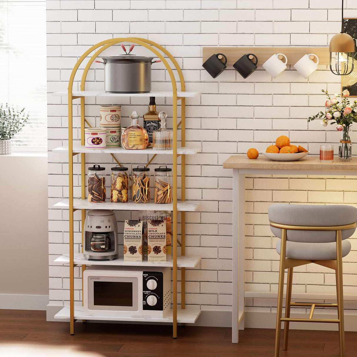 Arbuxzuy Arched Bookshelf 5 Tier Book Shelf, 31.5 Inch Width Industrial Arch Bookcase, Curved Tall Bookshelf with Open Shelves for Home Office, Living Room, Bedroom, Gold Arbuxzuy