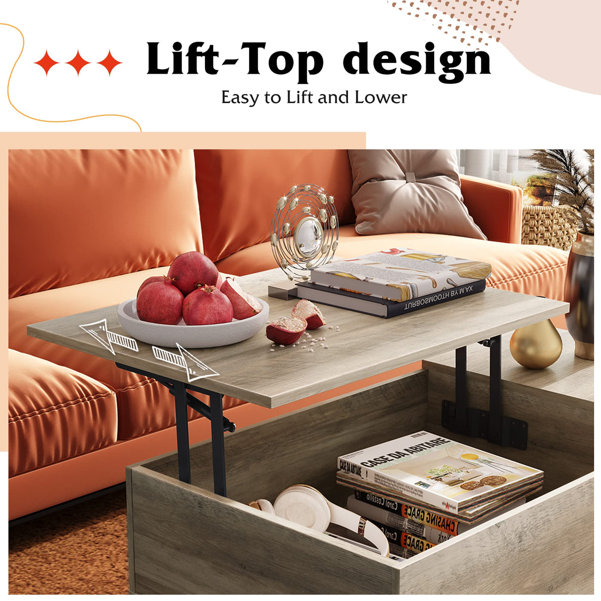 WLIVE Lift Top Coffee Table with Storage for Living Room,Small Hidden Compartment and Adjustable Shelf,Mid Century Modern ,Wood,Greige WLIVE