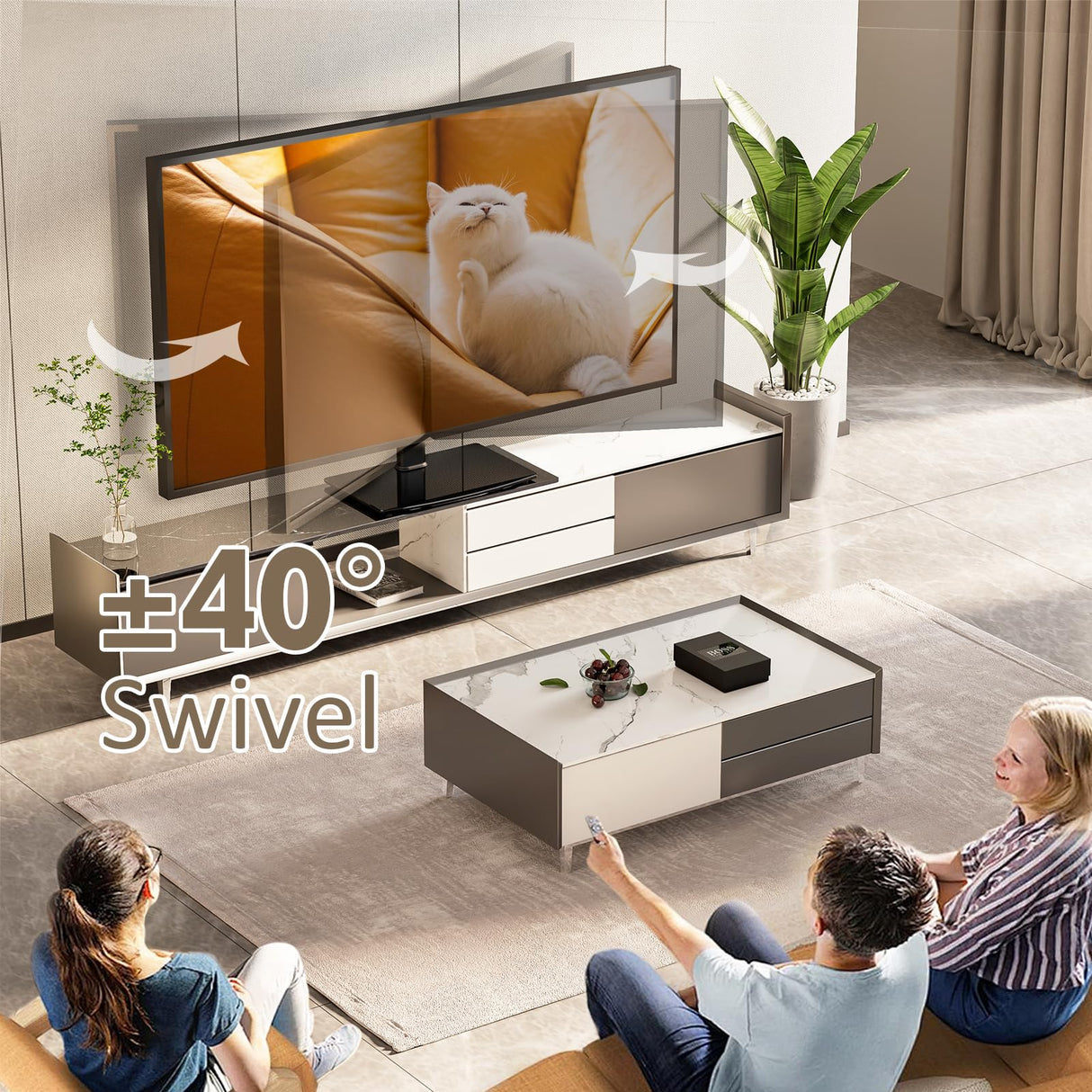 Universal Swivel TV Stand/Base Table Top TV Stand 32 to 65 inch TVs 80 Degree Swivel, 4 Level Height Adjustable, Heavy Duty Tempered Glass Base, Holds up to 88lbs Screens, HT04B-002 Hemudu