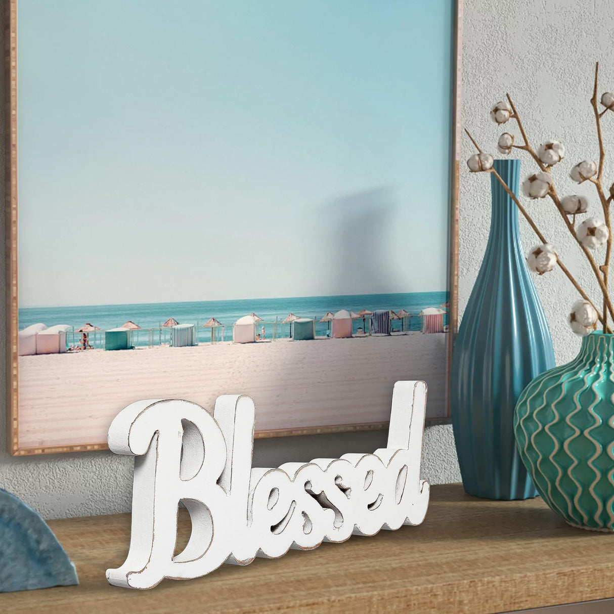 Sintosin Rustic White Wooden Blessed Sign for Tabletop 15", Wall Hanging Farmhouse Blessed Signs for Home Decor, Handmade Thanksgiving Signs Decor, Christmas Signs for Living Room Entryway Sintosin