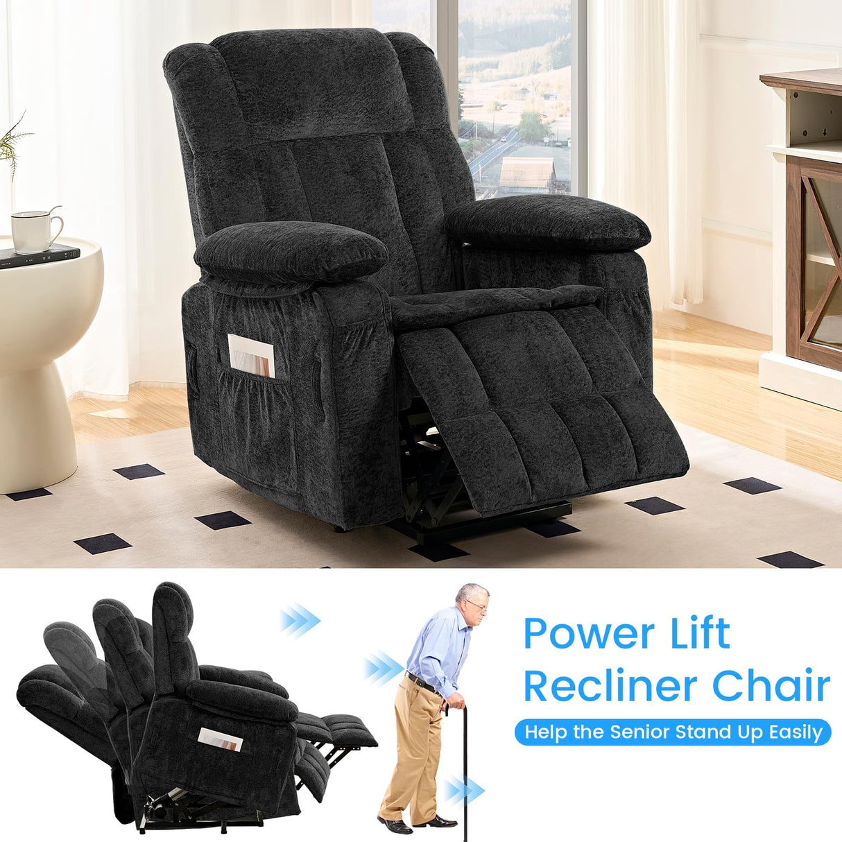 PUREMIND Power Lift Recliner Chair for Elderly, Dual Motor Electric Reclining Chairs with Massage and Heat - Velvet Fabric, Strong Support, Black PUREMIND