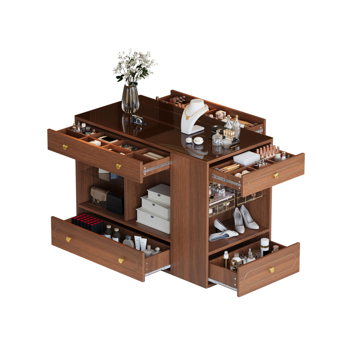 Eailaveo Closet Island with 6 Drawers,Bedroom Wardrobe Island with Glass Display Top and Open Shelves,Jewelry Storage Vanity with Compartments,Walk-in Closet Island for Cloakroom (Walnut/Closet) Eailaveo