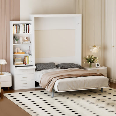 FAVSH Full Size Murphy Bed Cabinet with Shelf and Drawers, Plywood Hidden Beds,Wall Bedframe for Bedroom,Space-Saving, Noise Free, White
