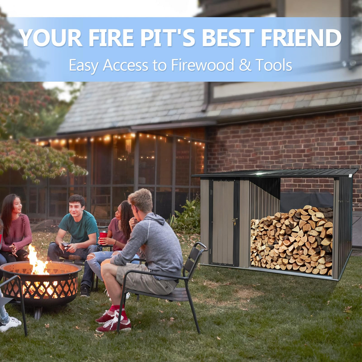 2-in-1 Metal Outdoor Storage Shed with Tool Locker & Firewood Storage, 8.75× 3.33 FT Firewood Shed - Weatherproof & Versatile, Steel Garden Sheds for Backyard Garden Patio Lawn - Brown Garden Tailor