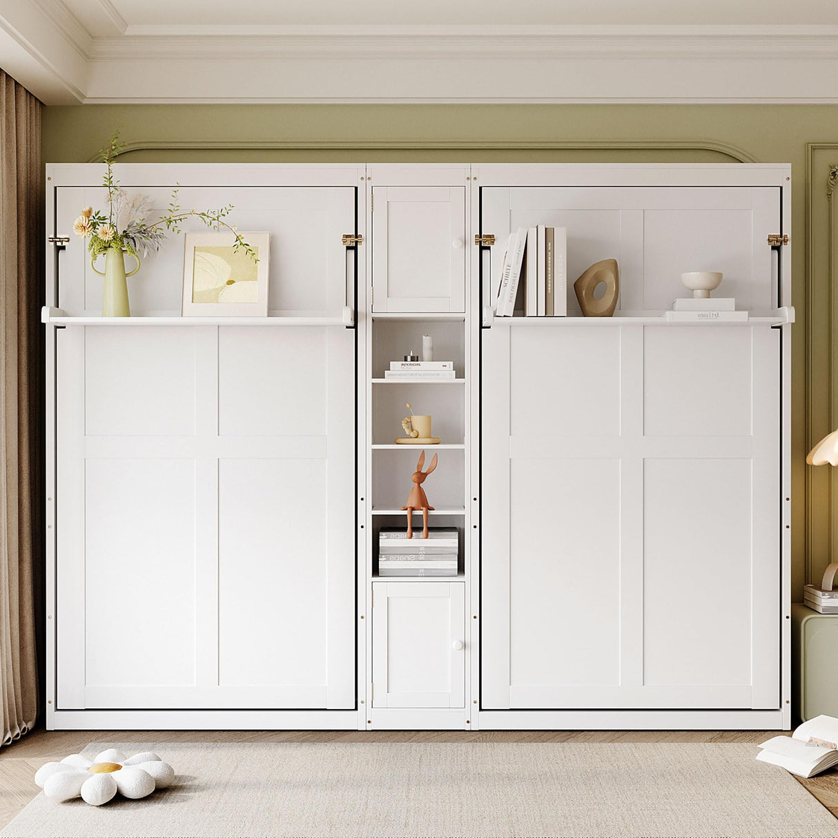 SOFTSEA Twin and Twin Size Dual Murphy Bed with Cabinets and Shelves, Hideaway Platform Bed Frame with 2 Cabinets, 2 in 1 Design, for Home Guest Room, White SOFTSEA