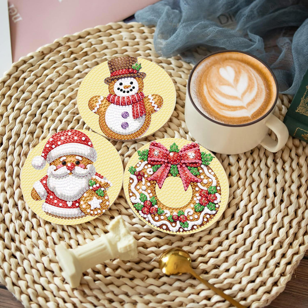 eniref 8 Pcs Christmas Diamond Art Coasters Kits with Holder, Gingerbread Snowman 5D DIY Diamond Pinting Coasters Acrylic Round Cup Coaster with Cork Pads for Tabletop Protection 10×10 CM eniref