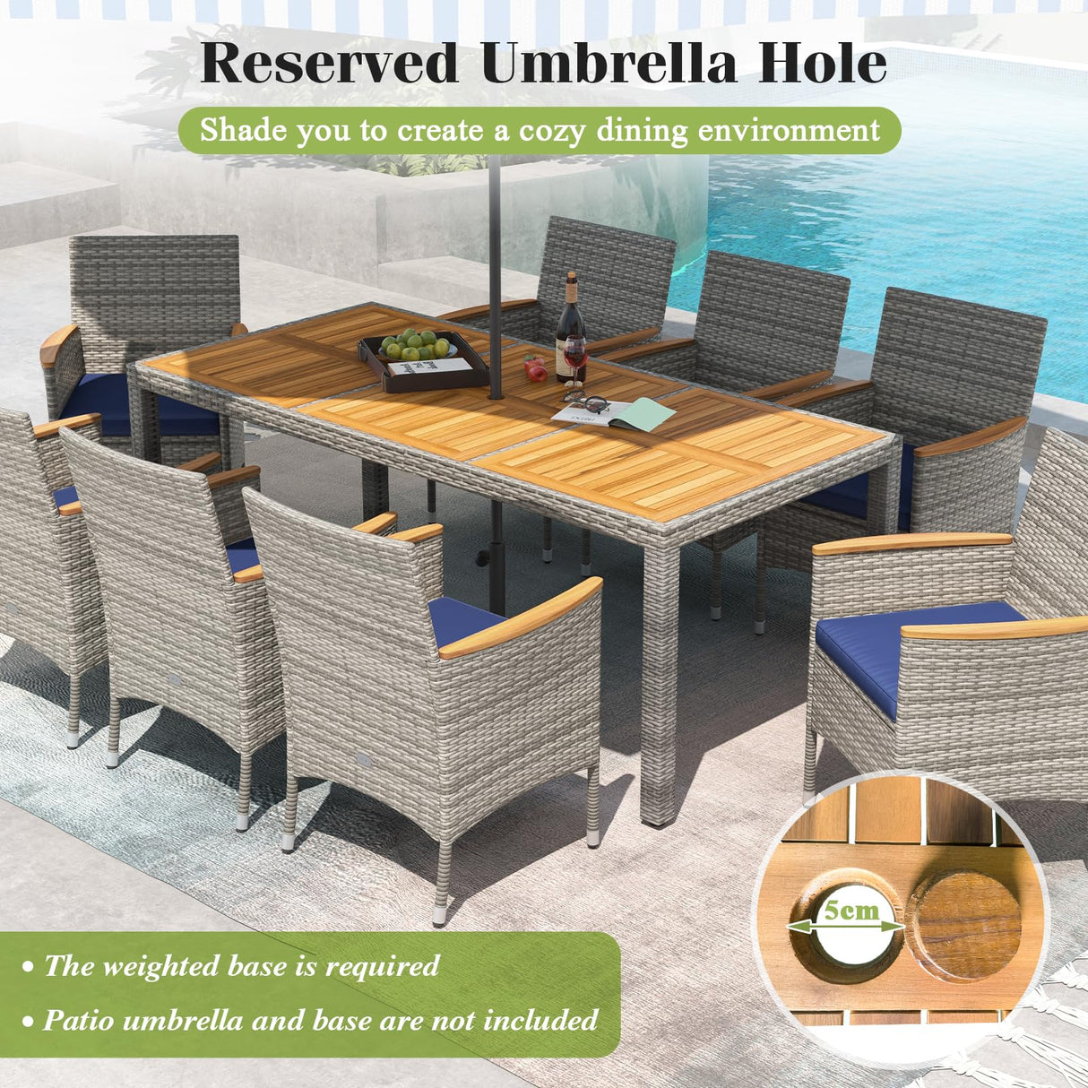 Tangkula 9 Pieces Patio PE Wicker Dining Set, Outdoor Acacia Wood Table and Chairs for 8 with Cushions and 2" Umbrella Hole, Outdoor Dining Furniture Set for Deck, Garden and Yard (Mix Grey+Navy) Tangkula