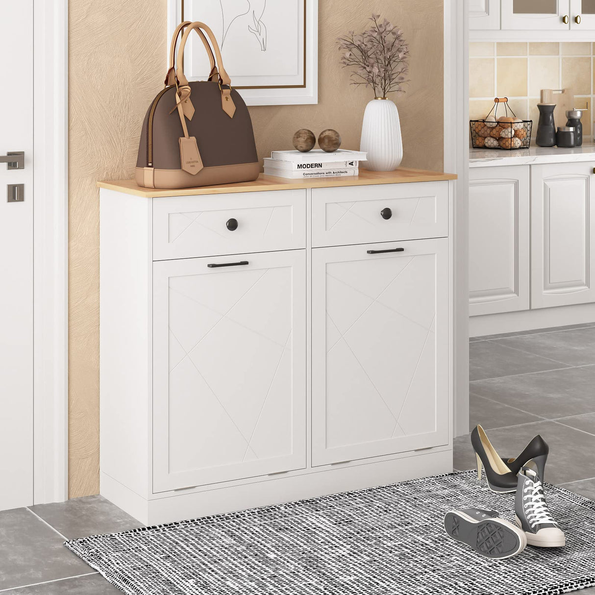 Vabches Trash Cabinet Double Trash Can, Dog Proof Tilt Out Trash Bin Holder, Hideaway Free Standing Recycling Cabinet with 2 Drawers for Kitchen Living Room White Vabches