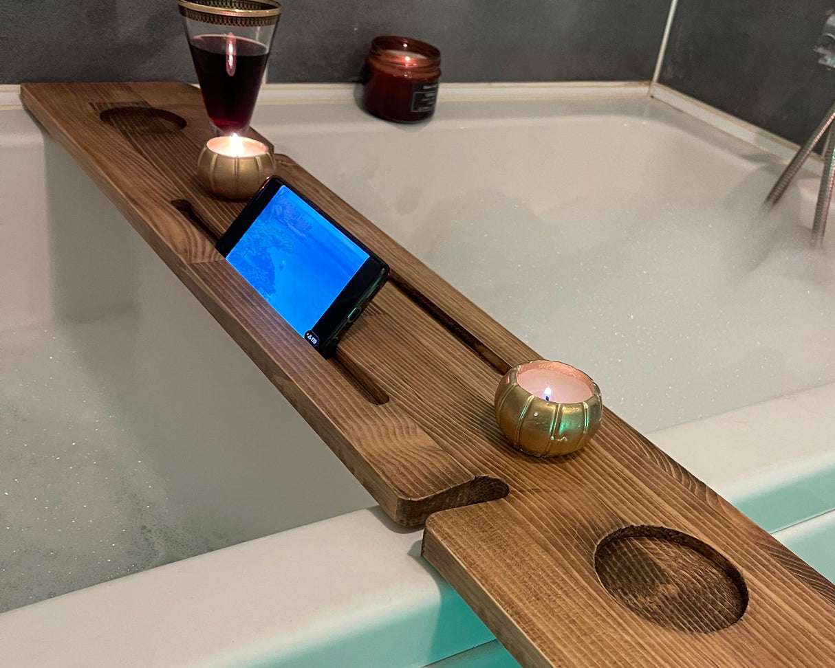Handmade Wooden Bathtub Tray - 3 Different Size Options - Rustic Structure - Water Insulator - Bath Tray Caddy with Wine Glass Holder (36", BLACK BROWN) WOODCHES