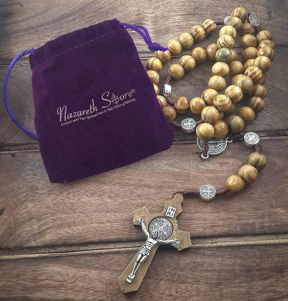 Nazareth Store Wood Beads Rosary Necklace Saint Benedict Medal & Catholic Cross Religious Prayer Chaplet String Handmade - Velvet Bag Nazareth Store