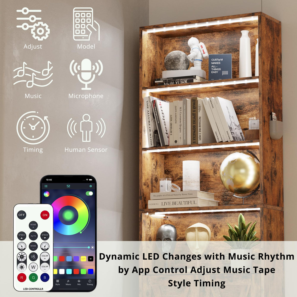 IRONCK Tall Bookcase with LED Lights, 70 in Industrial Bookshelves and Bookcases with Doors, 6 Shelf Display Storage Shelves Floor Standing for Home Office, Living Room, Bedroom IRONCK