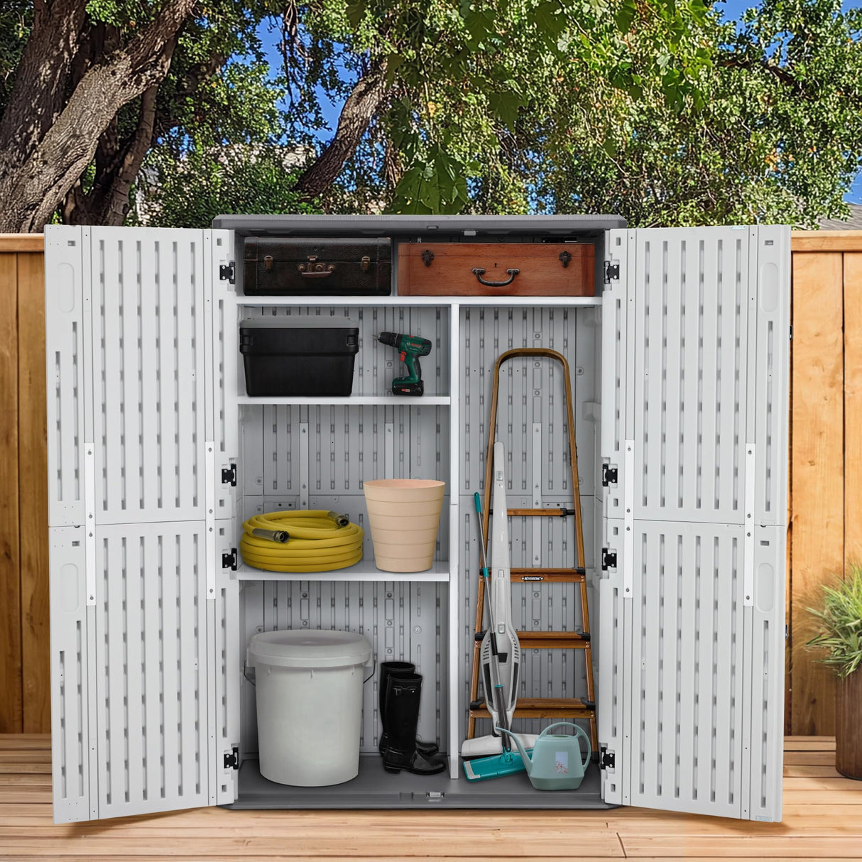 Macrout Plastic Storage Shed 4.3 x 2.5 ft, Waterproof Outdoor Storage Cabinet with Floor, Resin Shed for Garden and Patio (Included Metal Shelves) M MACROUT