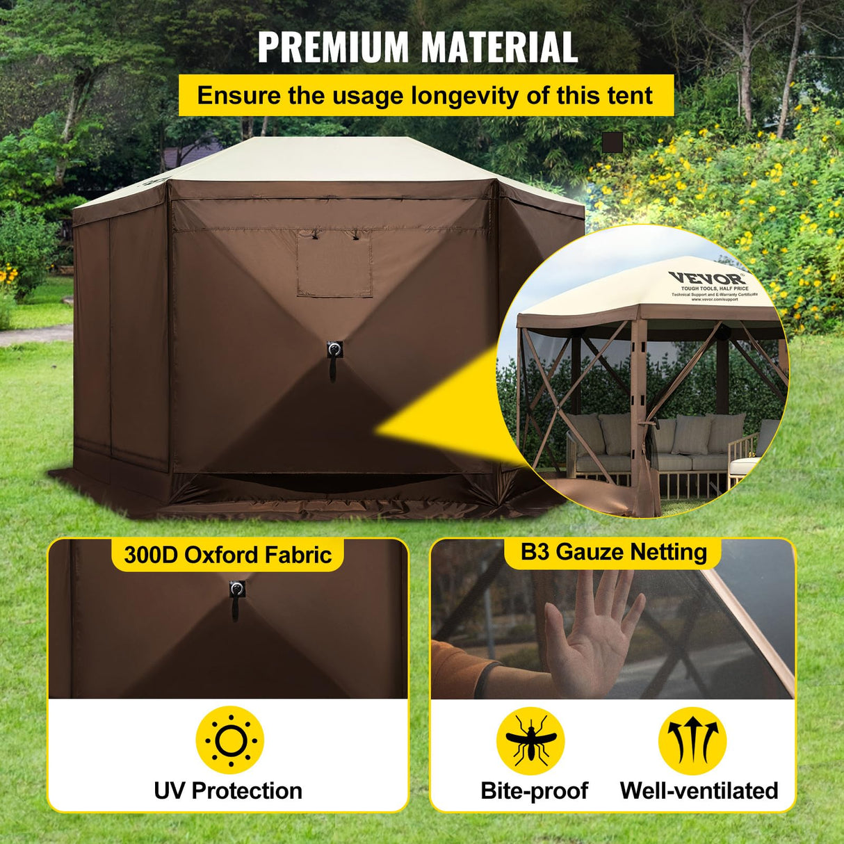 VEVOR Camping Gazebo Screen Tent, 10 * 10ft, 6 Sided Pop-up Canopy Shelter Tent with Mesh Windows, Portable Carry Bag, Stakes, Large Shade Tents for Outdoor Camping, Lawn and Backyard VEVOR