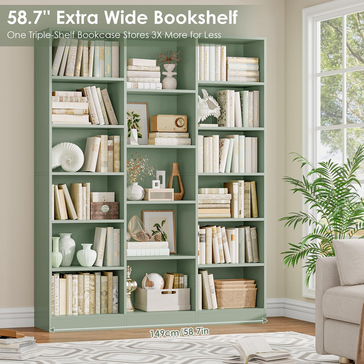 FACBOTALL Triple Wide Bookshelf, 6 Tier Large Bookshelf, Bookcase with 17 Open Display Shelves, 74'' Tall Bookcases and Bookshelves for Living Room, Home Office, Library, Green FACBOTALL