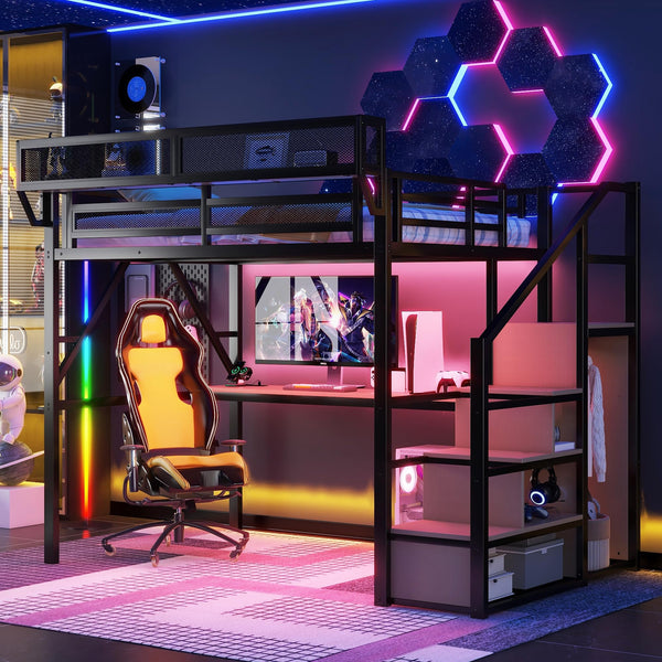 Metal Loft Bed with Desk and RGB LED Lights, Full Size Loft Bed with S ...