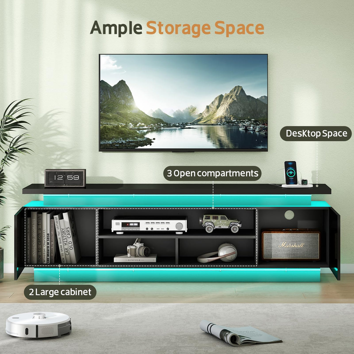 Lamtor 70 Inch TV-Stand - Television Stands for 75 80 85 Inch TV - 2 Tier Entertainment Center with 4 AC Outlets & 2 Smart RGB LED Light Strips - Media Console Table for Living Room, Pure Black Lamtor