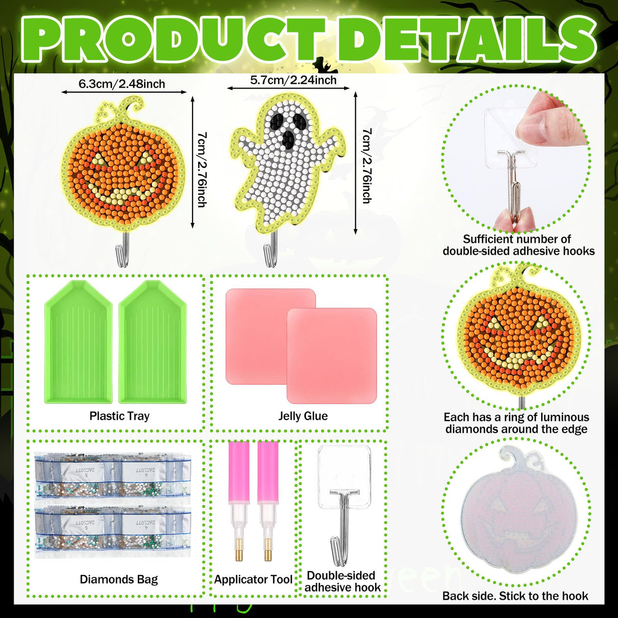 Landical 25 Pcs Luminous Halloween Diamond Painting Kits for Adults Glow in The Dark Ghost DIY Diamond Art Adhesive Key Holder Rhinestone Dot Gem Art Kits Wall Hooks for Towel Hat Kitchen Decoration Landical