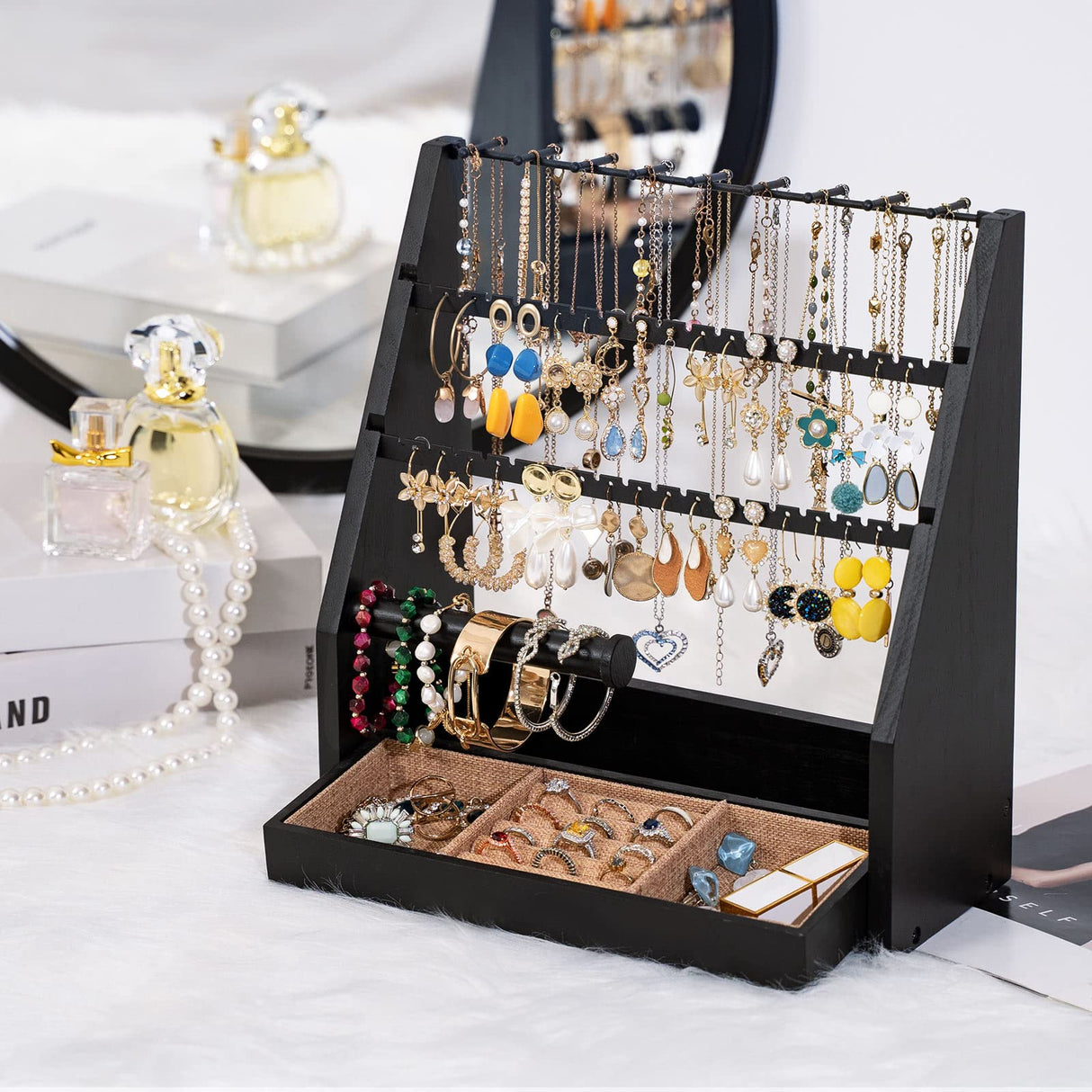 DGWJSU Earring Organizer, 5 Layer Earring Holder Organizer with Necklace Holder, Rustic Wood Jewelry Organizer Stand Display for Stud Earring Bracelet Necklace Ring, Watches DGWJSU