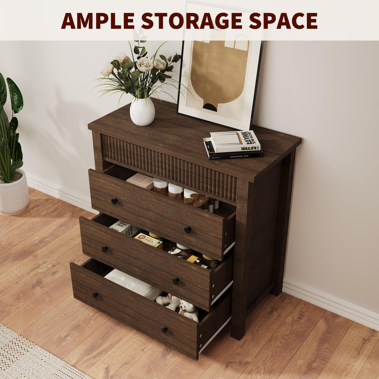 GarveeHome 3 Drawer Dresser, Modern Fluted Nightstand, Wooden Chest of Drawers, Storage End Table Organizer for Bedroom, Living Room, Hallway, Walnut GarveeHome