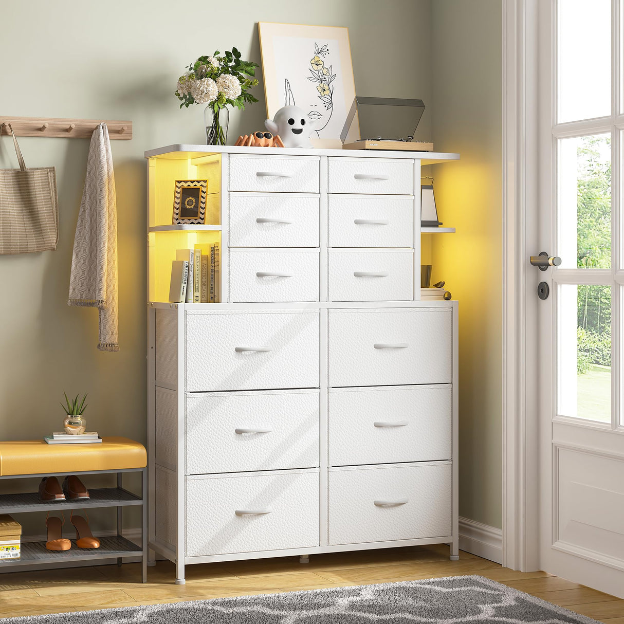 EnHomee Dresser for Bedroom with LED Lights, 12 Drawers Bedroom Dresser, Black Dresser and Tall Dresser with Open Shelves, Fabric Dressers & Chests of Drawers with Sturdy Metal Frame, White EnHomee
