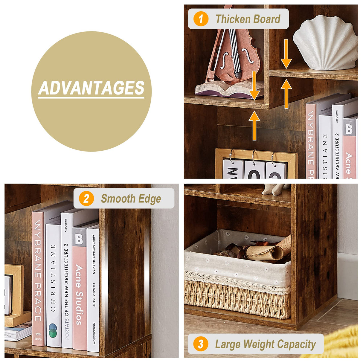 VECELO 3-Cube Small Bookshelf, Modern Bookcases with Shelves Height Up to 12.8 Inches, Suit for Common Size Textbook, Vertical or Horizontal, Cubby Storage Organizer,Rustic Brown VECELO