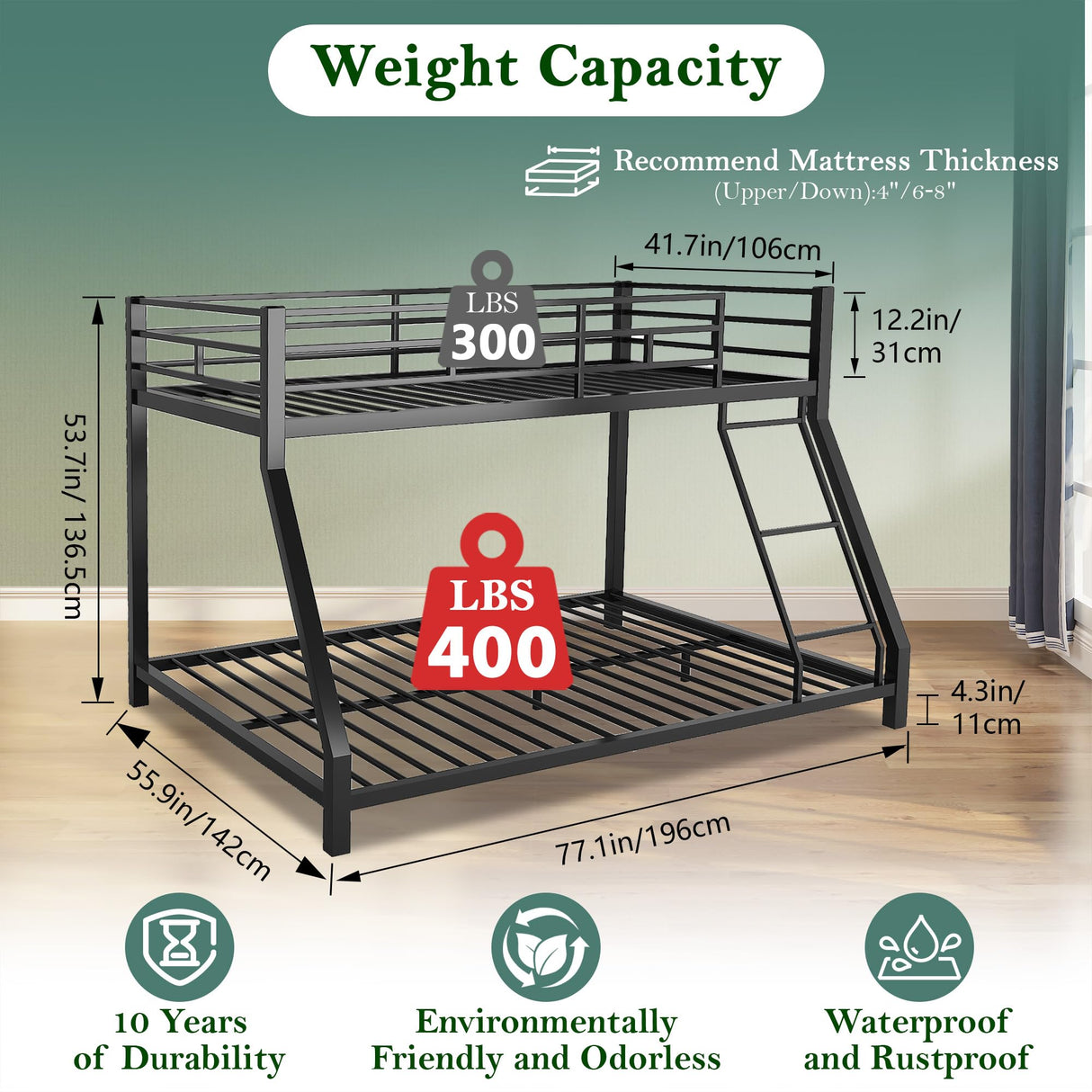 Cyranture Bunk Bed Twin Over Full Size, Twin Over Full Bunk Beds with Ladder & Guardrail Heavy Duty Bunk Beds Frame for Teens Adults Dorm Bedroom Guest Room, No Box Spring Needed(Black) Cyranture