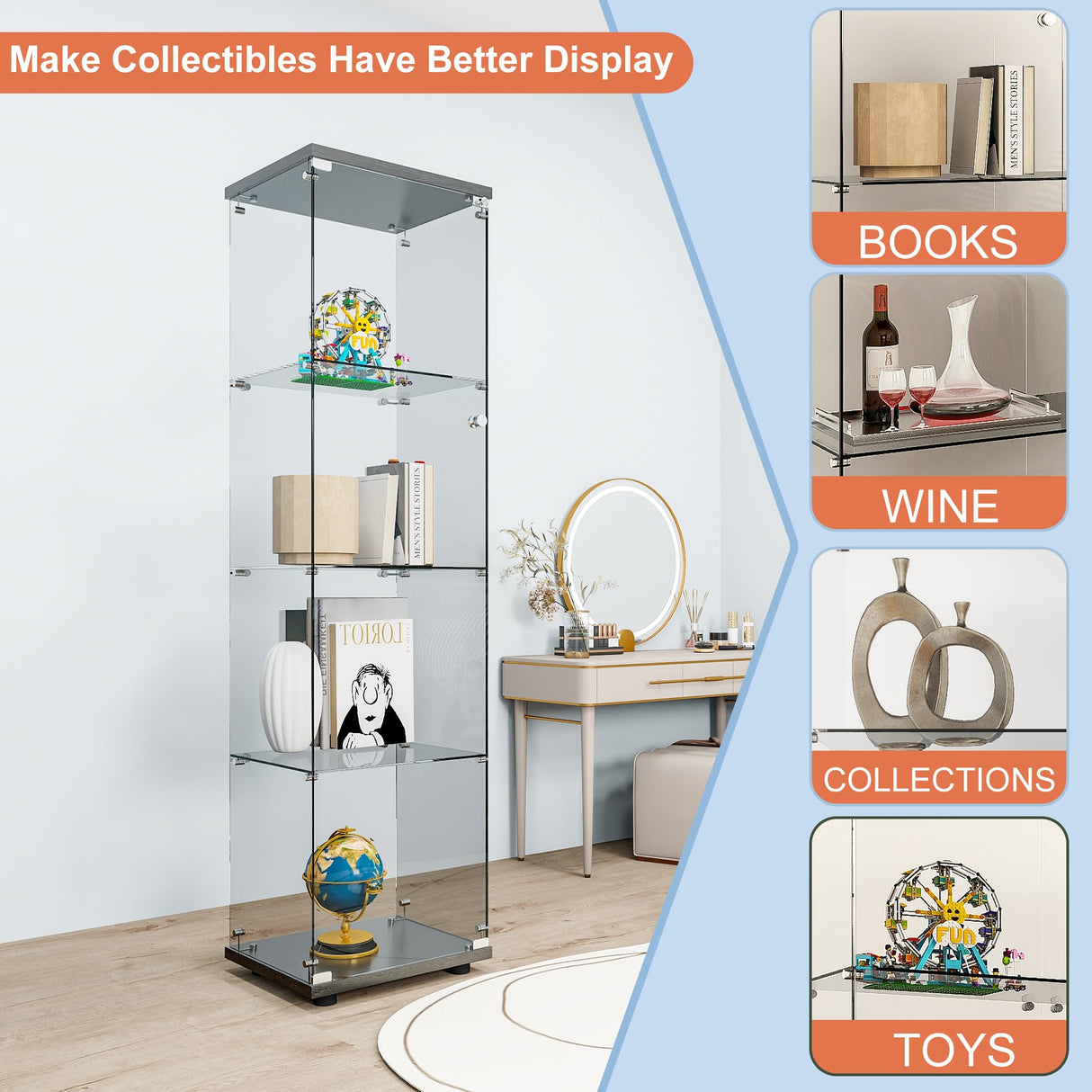 FANYUSHOW Tempered Glass Display Cabinet 4-Shelf Curio Cabinet with Security Lock 5mm Display Shelf Showcase for Living Room/Bedroom/Office- Black 64.7" H x 16.7" L x 14.37" W FANYUSHOW