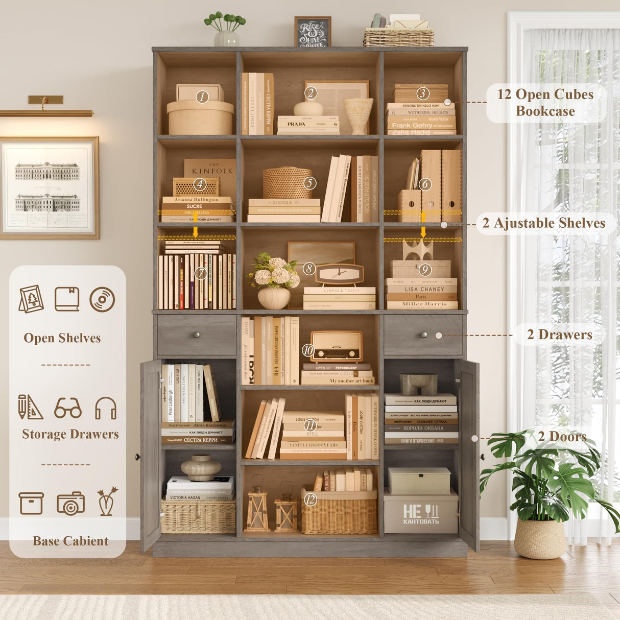 HOSTACK 74" Tall Book Shelf and Bookcase, 45" Wide Bookcase with Doors and Drawers, Modern 6 Tier Bookshelf with Storage, Large Wood Display Cabinet with Adjustable Shelves for Home Office, Ash Grey HOSTACK