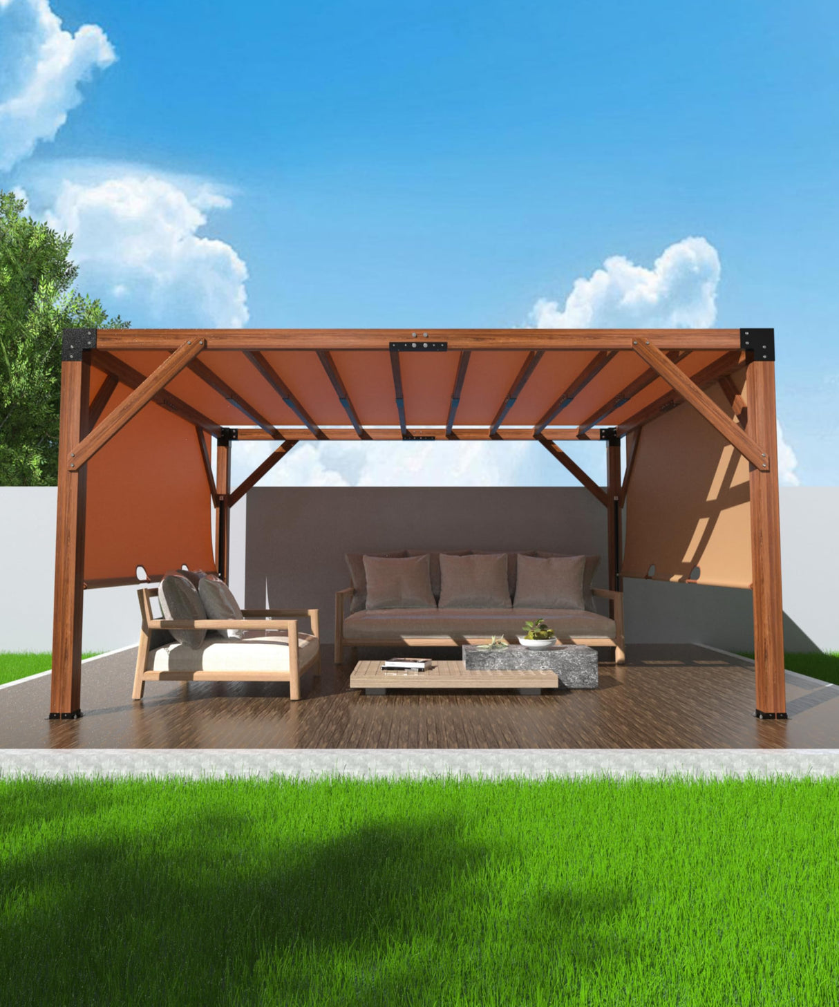 DEXSO 12'X 14' Cedar Wood Pergola with Solid Structure, Retractable Shade Canopy, Durable, Rot Resistant, Patio Pergola for Backyard, Deck, Garden, Outdoor Entertaining DEXSO