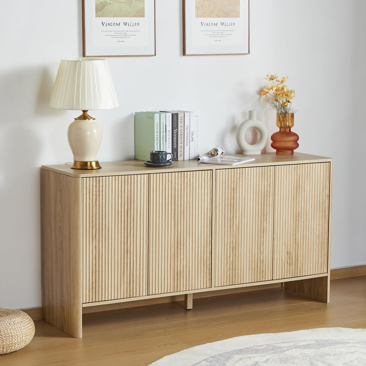 Sideboard Buffets Cabinet, Modern Accent Storage Cabinet with 4 Fluted Doors and Adjustable Shelves, Wood Credenza Buffet Sideboards, Console Table for Kitchen Dining Living Room Entryway (Natural) XUZENEST