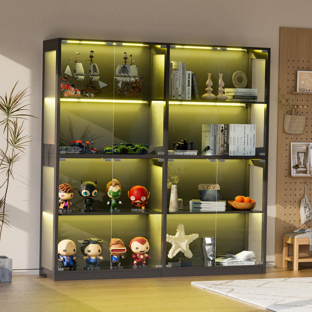 Grepatio Glass Display Cabinet, 4-Tier Display Cases for Collectibles, Curio Cabinet with 12 Color Lights, Display Shelf Bookcase Kids Toy Cabinets for Collectible, Living Room, Playroom (Black) Grepatio