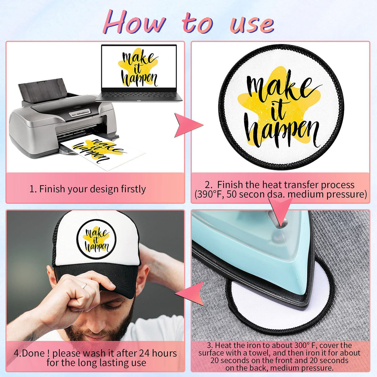 60 Pieces Blank Sublimation Patches 6 Shapes Iron-on Black Patches Fabric Repair Patches Decorative Patches for Hats Clothes Uniforms Jeans Backpacks Vest Waydress