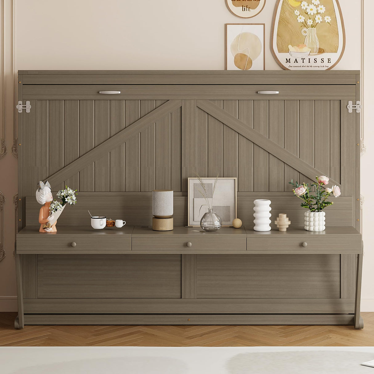 Merax Queen Size Murphy Bed with Vanity Desk, Foldable Murphy Cabinet Bed with Center Mirror and 2 Side Storage Drawers, Wood Space-Saving Hidden Wall Bed Cabinet for Guest Room Office, Gray Merax