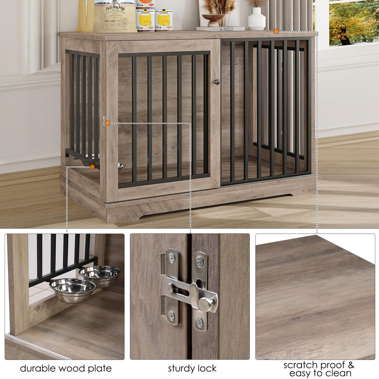 Dog Crate Furniture 47” Large Dog Kennel for Dogs Indoor, Heavy Duty Dog Cage with Sliding Door and 2 SUS Bowls Wooden End Table in Living Room for Small Medium Large Dogs, Rustic TTVIEW