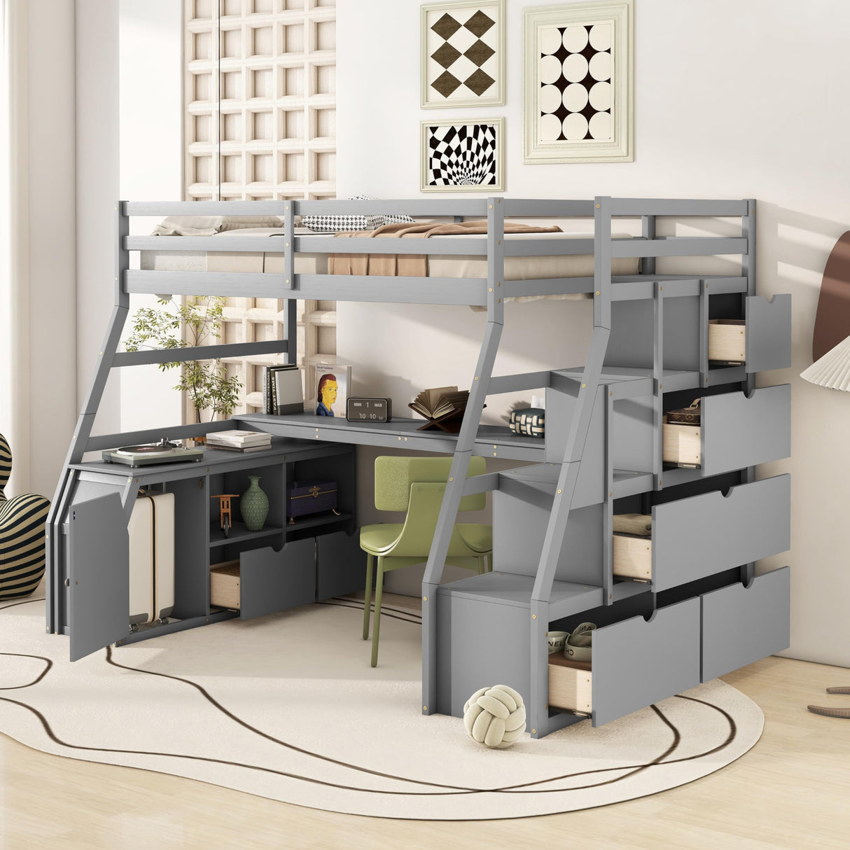 Twin Loft Bed with Storage Stairs and Desk - Bellemave Grey Wood Frame for Kids and Teens Bellemave