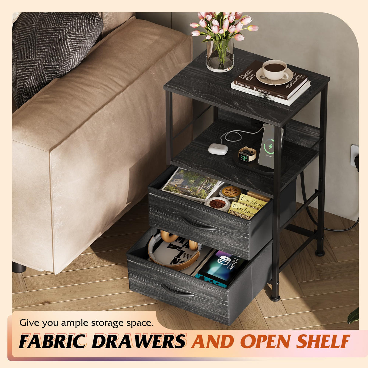 WLIVE Night Stand with Charger Station, LED Nightstand for Bedroom, Small Dresser with 2 Fabric Drawers for Small Spaces, Bed Side Table, Charcoal Black and Wood Grain Print WLIVE